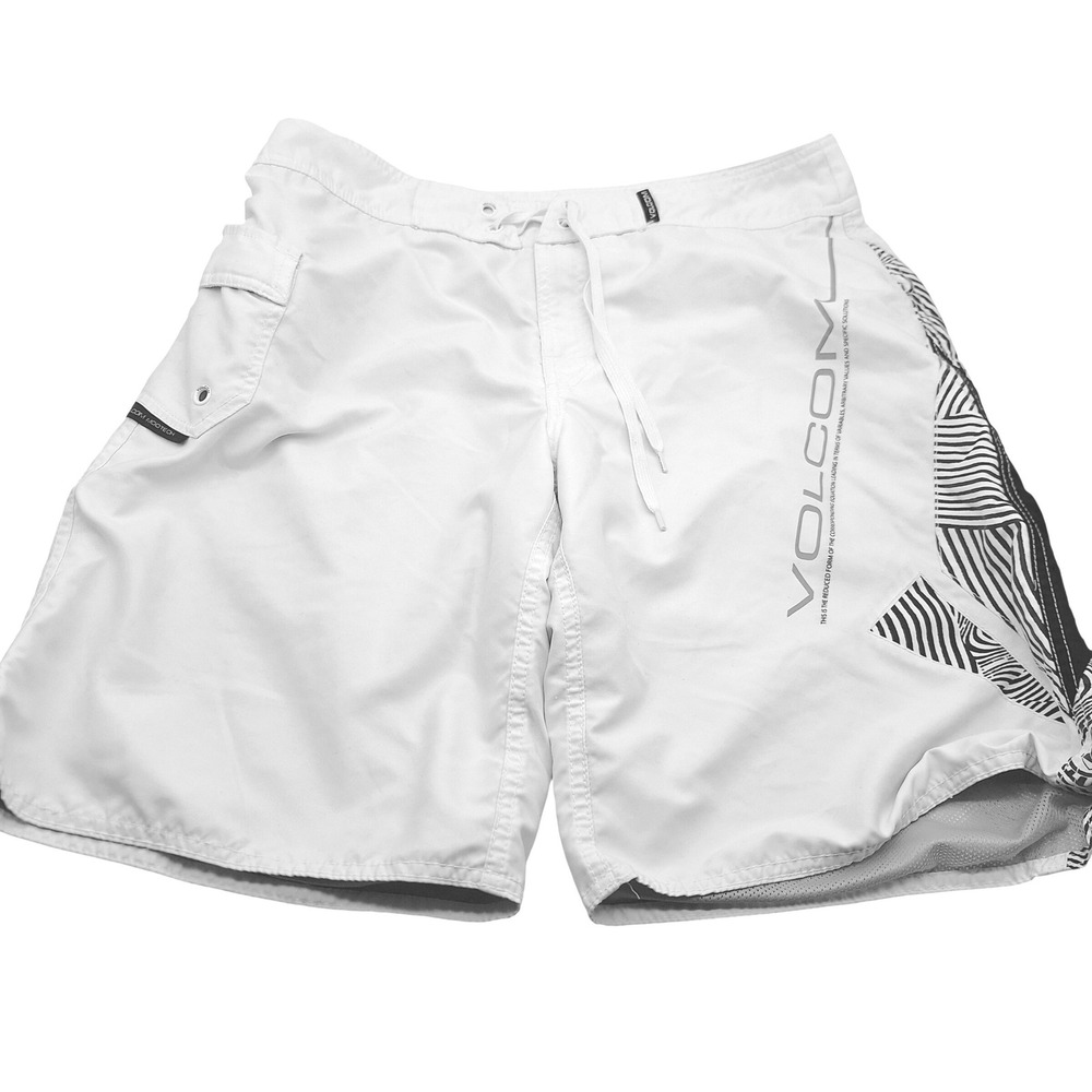 Volcom Mod-Tech Mens White Board Shorts Surf Trunks Size 34 with Wax Comb